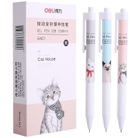 得力A401，0.38mm猫萌系列黑色按动中性笔 全针管水笔签字笔