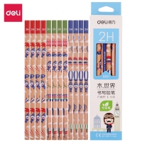 得力S921，木质卡通图案铅笔2H铅笔六角无毒绘图铅笔12支盒装