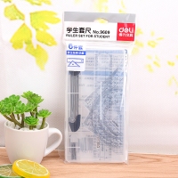 得力9609，15cm学生套尺圆规带笔芯直尺三角板量角器盒装六件套 