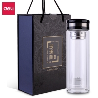得力6100，400ml玻璃杯（1/18）双层隔热过滤隔网过滤便携商务水杯送礼茶杯