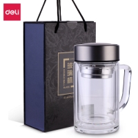 得力6102，420ml双层隔热玻璃杯（1/18）礼盒保温杯 男女商务带茶隔茶杯...